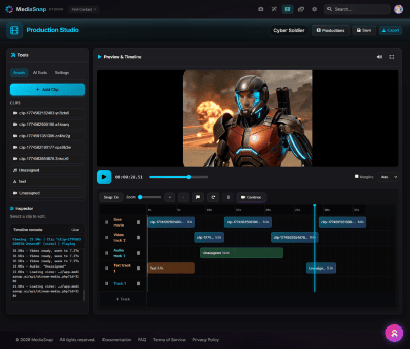Timeline editor with multiple clips assembled